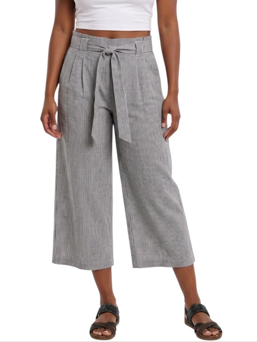 Max Studio Gray Striped Linen Blend Paperbag Waist Wide-Leg Belted Pants Size L